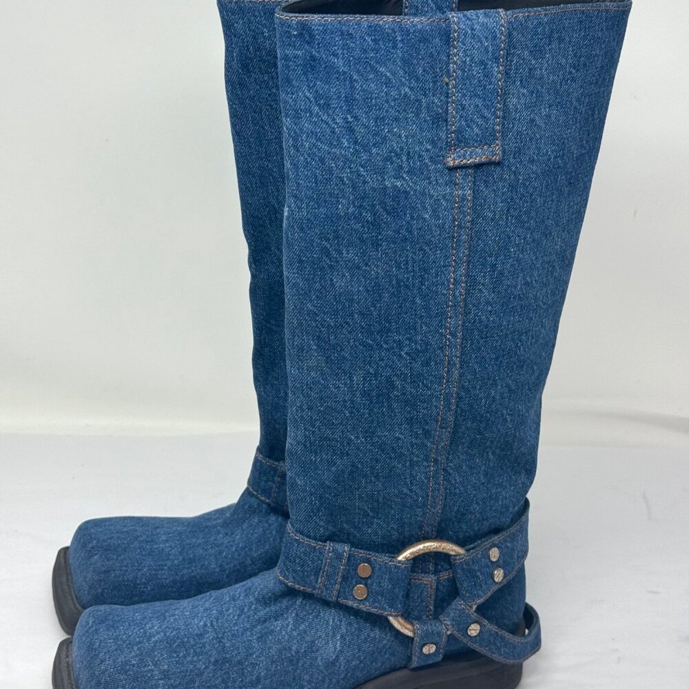 Acne Denim-Textured Midcalf Heeled Boots in Blue - Picture 5 of 5